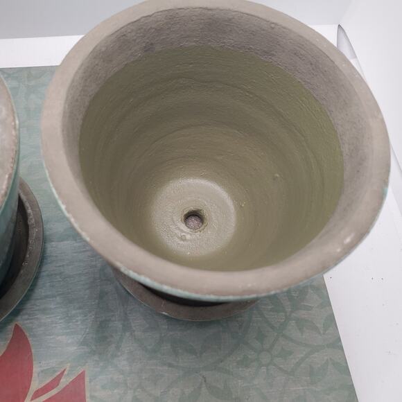 Crate & Barrel Set Of 3 Planter Pots Celedon Crackle Glaze 4" Tall 3" Saucers - Picture 4 of 8